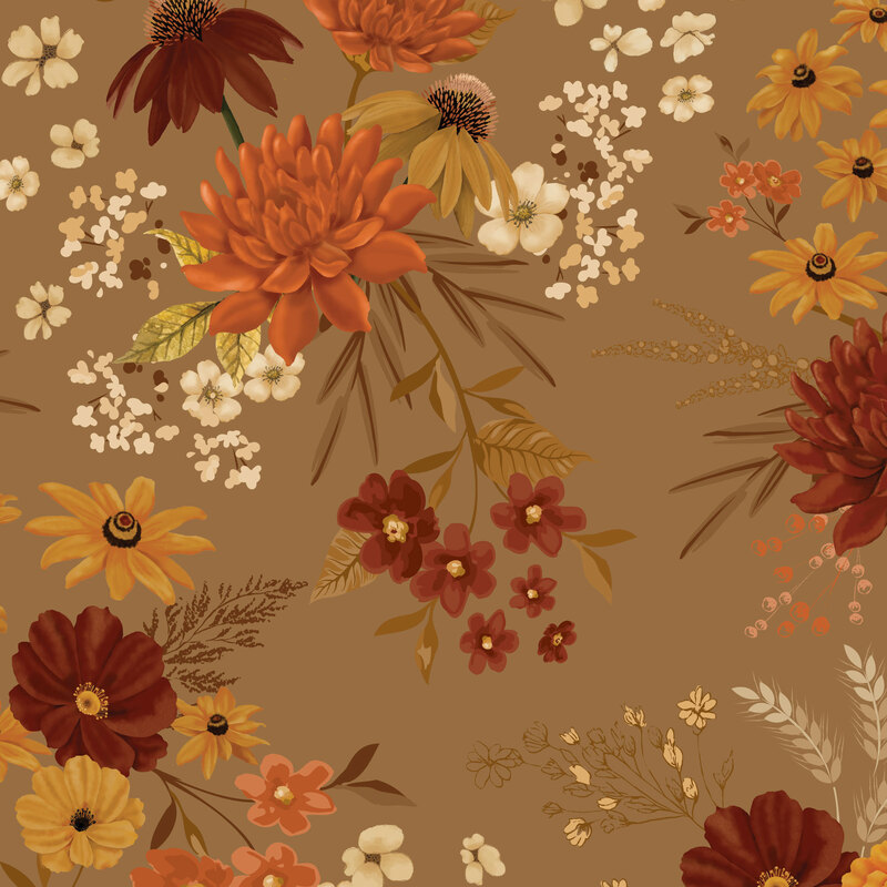 Chocolate brown fabric with large fall-colored leaves and florals.