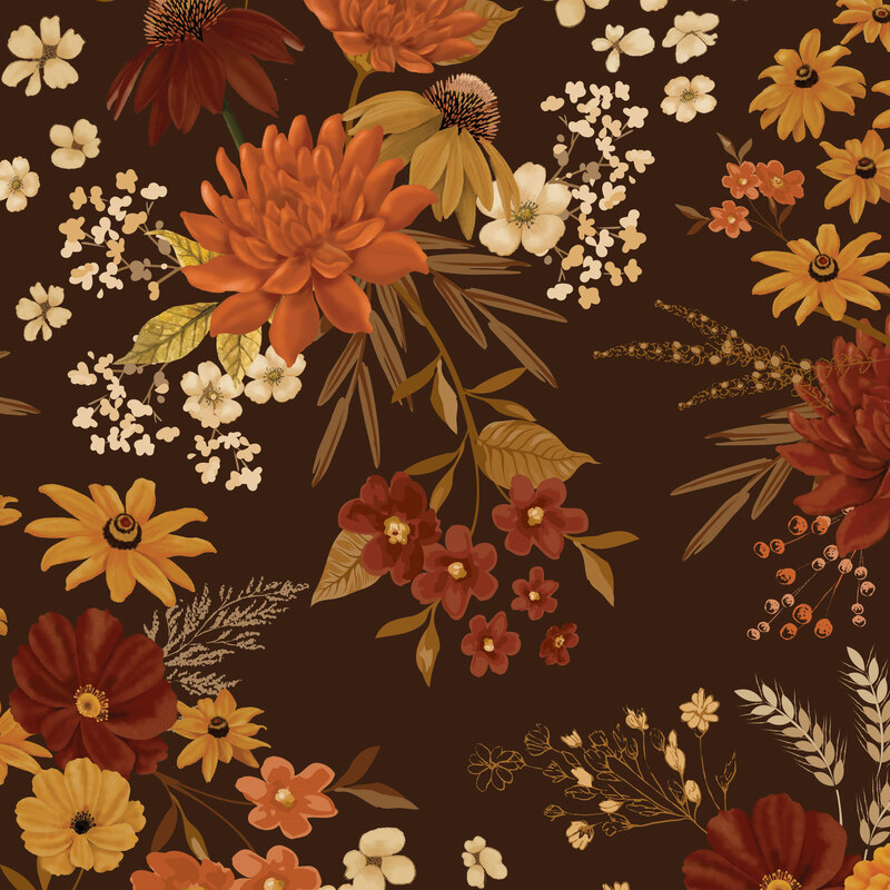 Mocha brown fabric with large fall-colored leaves and florals.