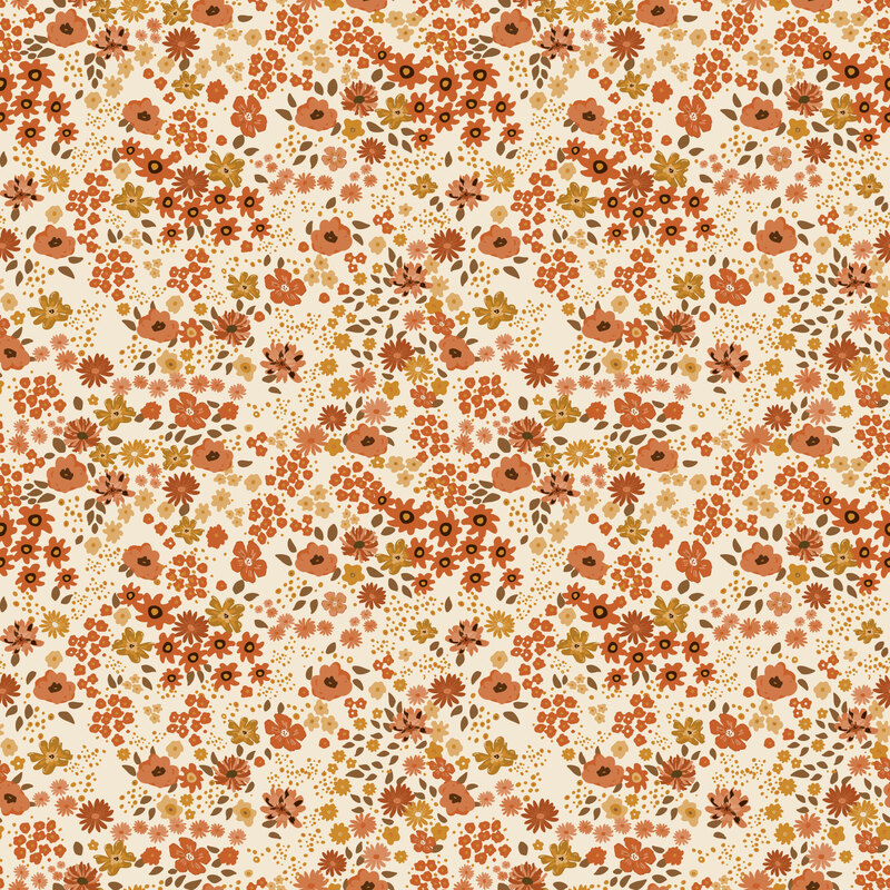 Cream fabric with a bloom of fall-colored florals and leaves.