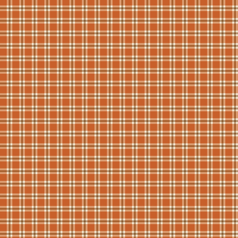 Dark orange fabric with a cream and brown plaid design.