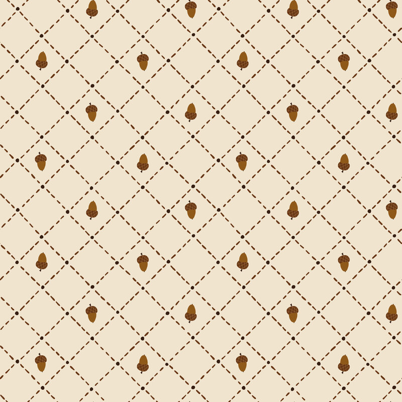 Cream fabric with a dashed and dotted grid pattern filled with flipped acorns.