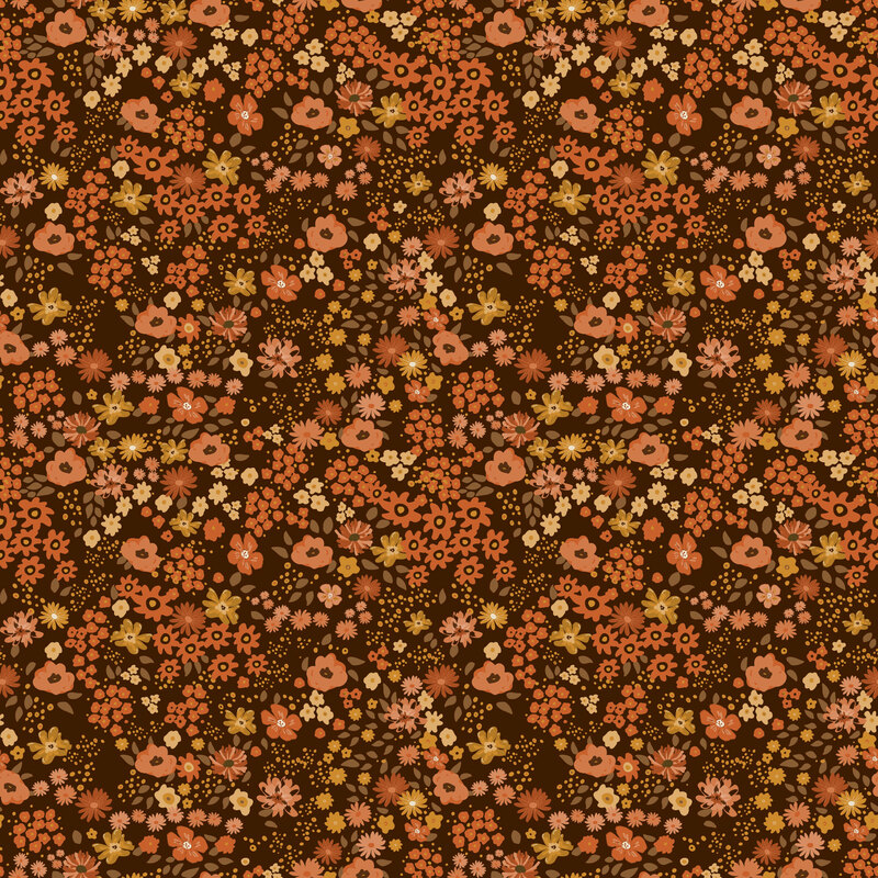 Mocha brown fabric with a bloom of fall-colored florals and leaves.