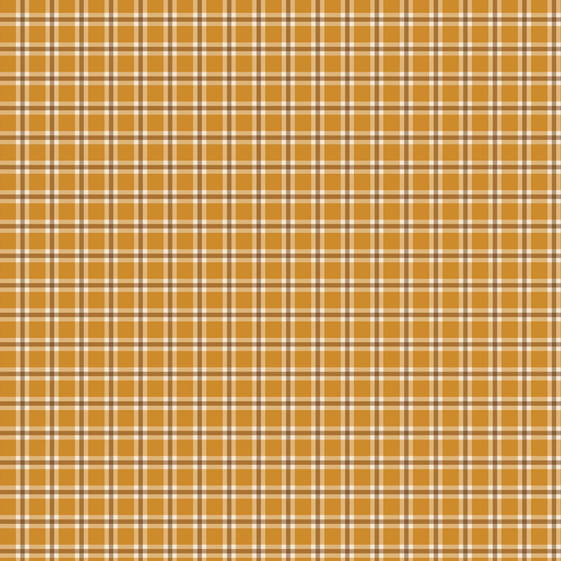 Ocher fabric with a cream and brown plaid design.