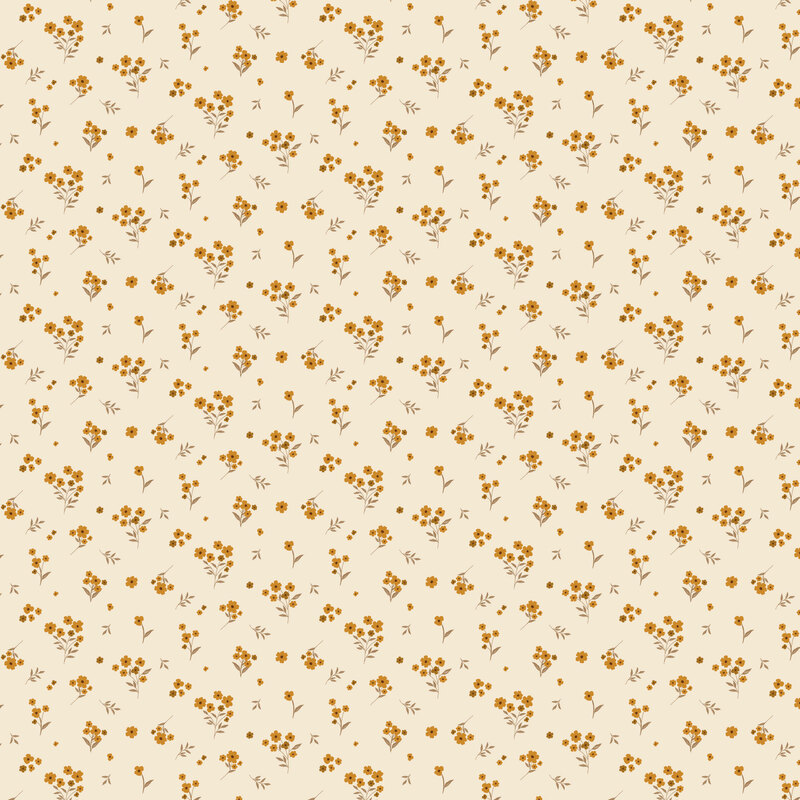 Cream fabric with a tossed design of fall colored florals and leaves.