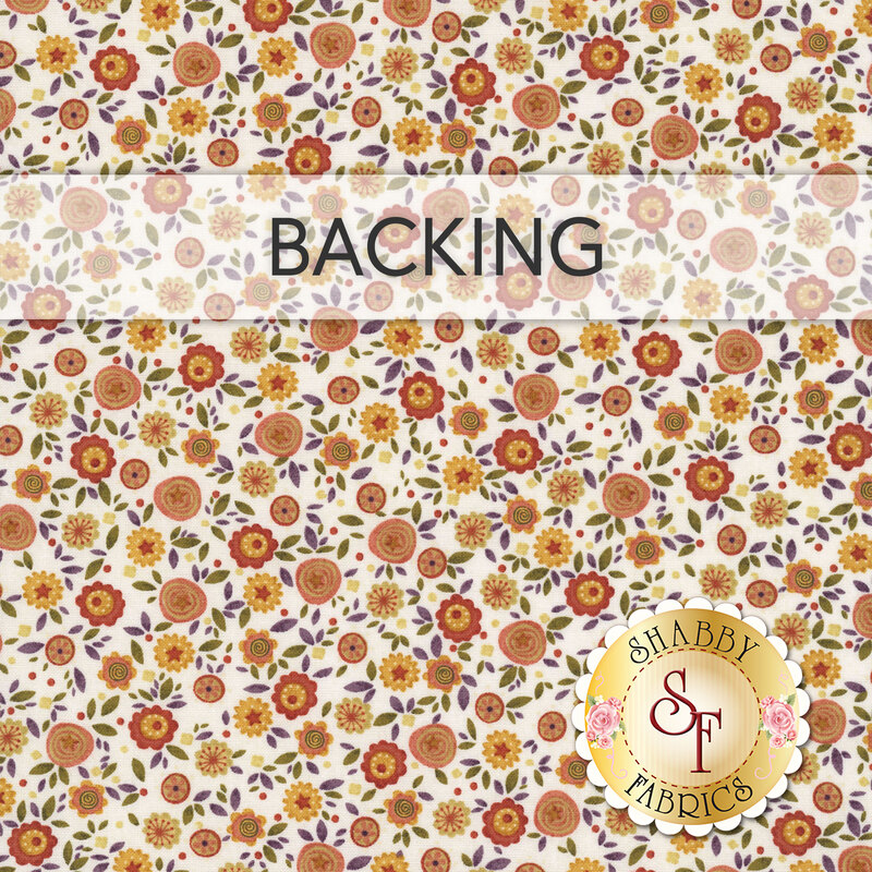 Swatch of white fabric with a dense design of red, orange, and yellow flowers with green leaves; a transparent banner at the top reads "Backing." 