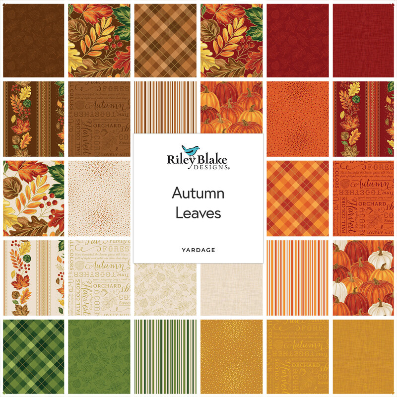 Square collage of autumn-themed fabrics accented with gold foil from the Autumn Leaves collection