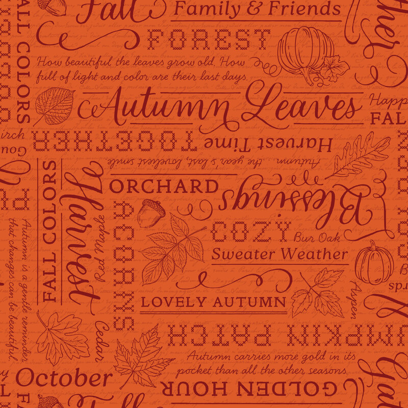 collage of tonal autumn-inspired words, phrases, and script accented with pumpkins, acorns, and falling leaves on a red-orange background