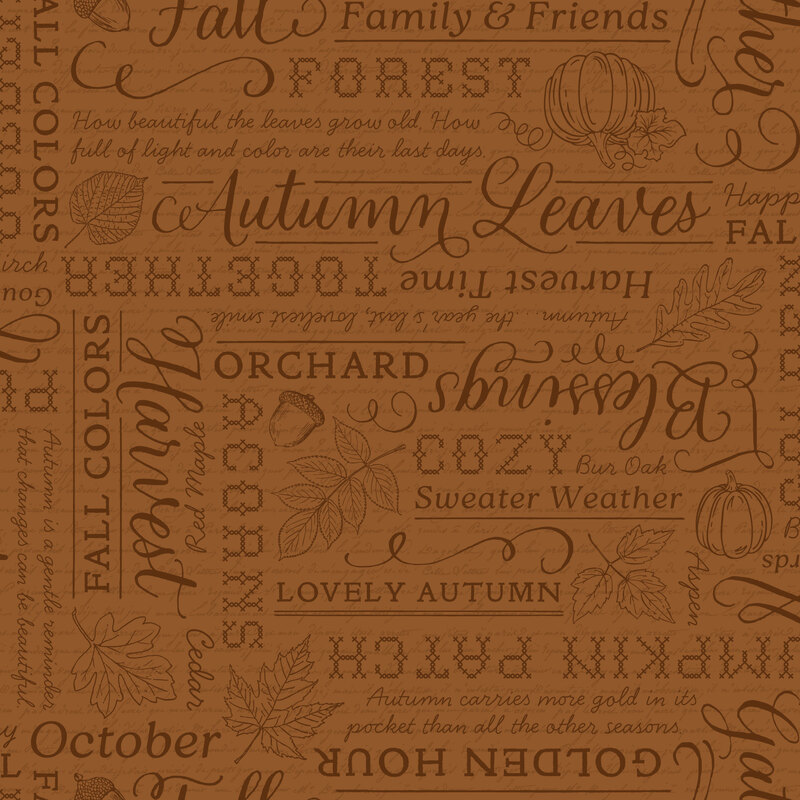collage of tonal autumn-inspired words, phrases, and script accented with pumpkins, acorns, and falling leaves on a saddle brown background