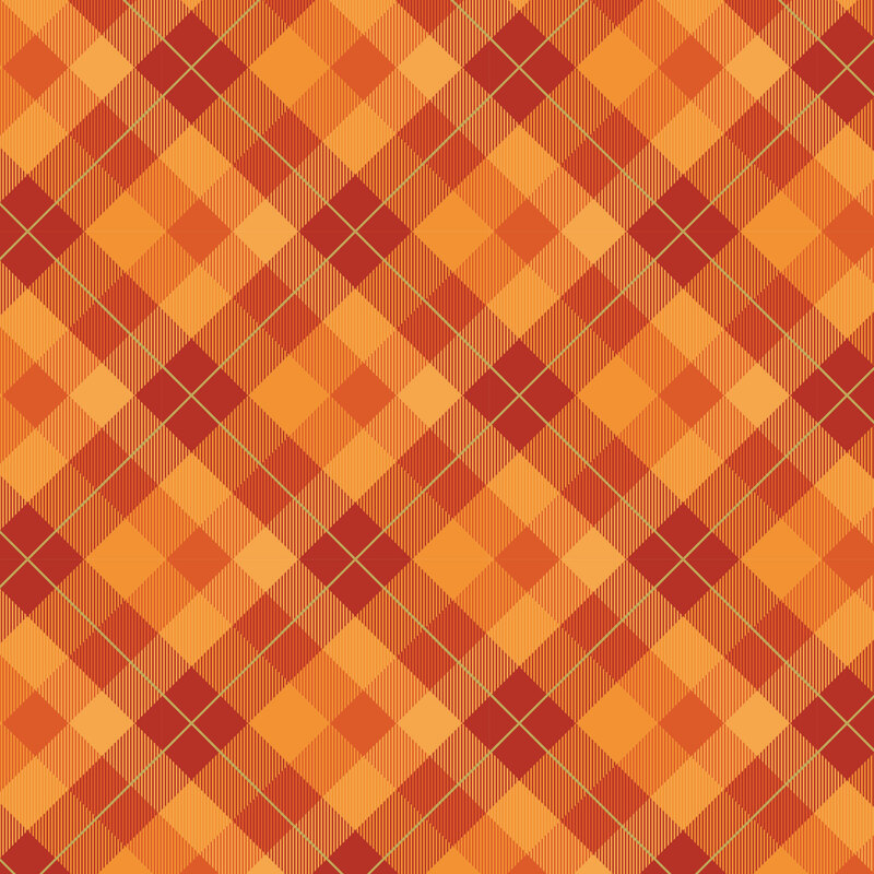 classic plaid print in varying shades of orange, accented with thin, golden metallic lines.