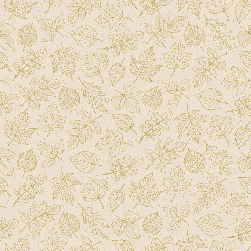 gold metallic outlines of assorted autumn leaves scattered across a cream background.