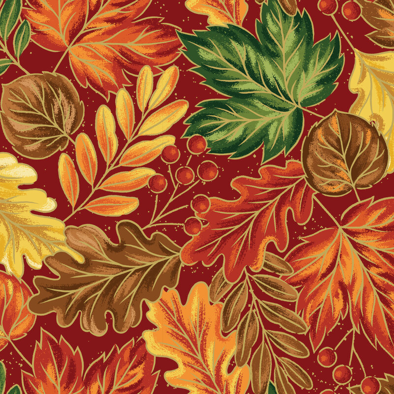 various fall leaves and berry sprigs with metallic gold trim on ruby red background.