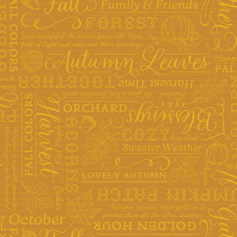 collage of tonal autumn-inspired words, phrases, and script accented with pumpkins, acorns, and falling leaves on a gold spice background