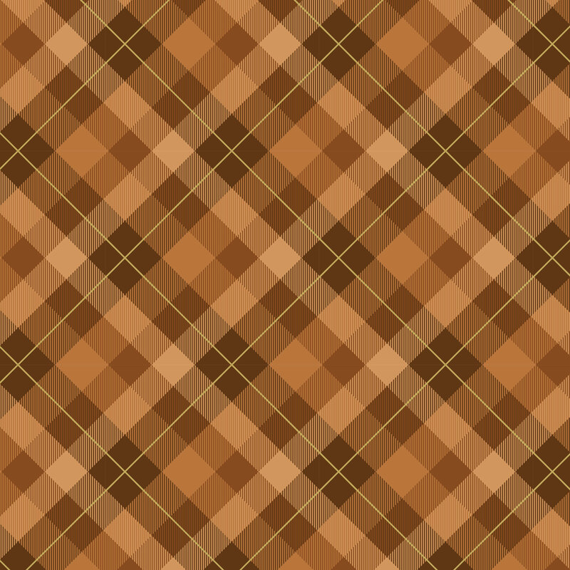classic plaid print in varying shades of brown, accented with thin, golden metallic lines.