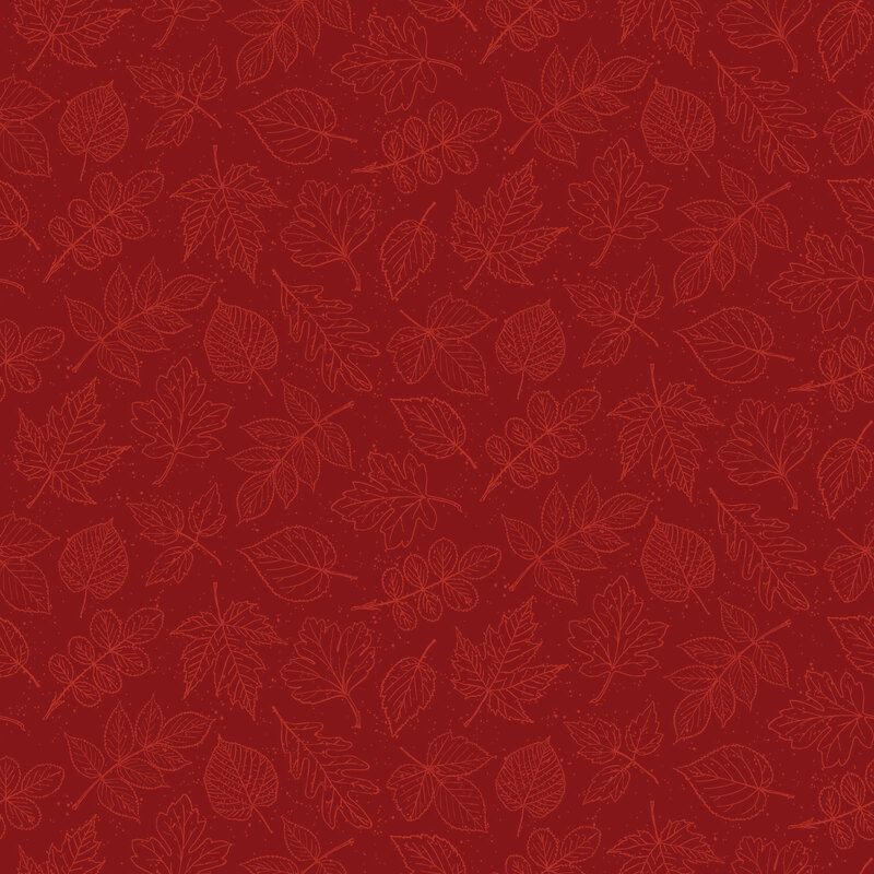 tonal outlines of assorted autumn leaves scattered across a dark red background.