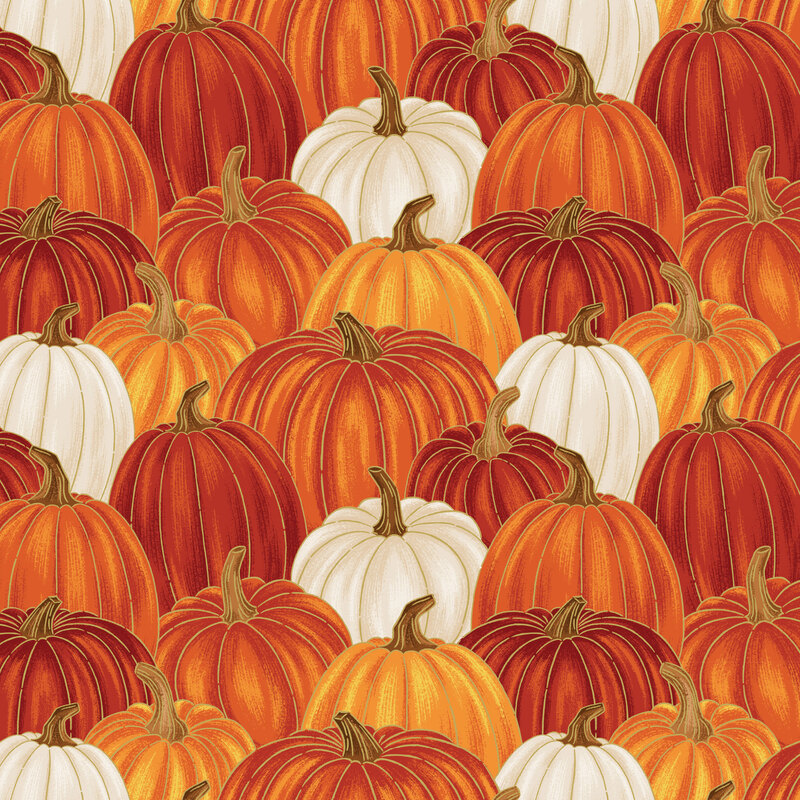 packed pattern of orange, rust, and cream pumpkins accented with gold metallic details.