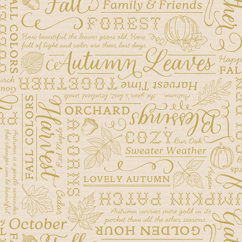 collage of gold metallic autumn-inspired words, phrases, and script accented with pumpkins, acorns, and falling leaves on a cream background