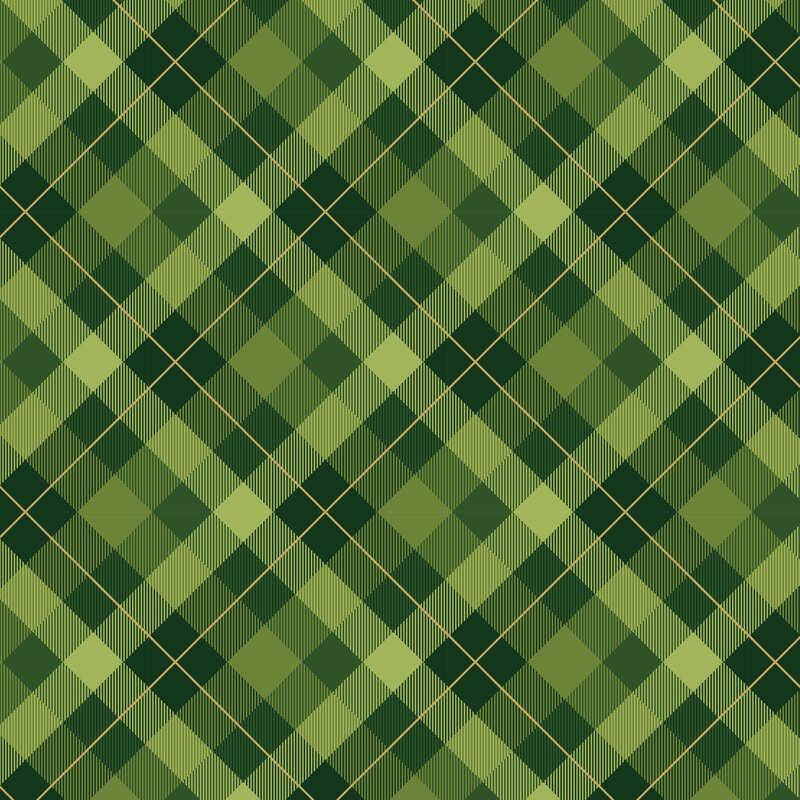 classic plaid print in varying shades of green, accented with thin, golden metallic lines.