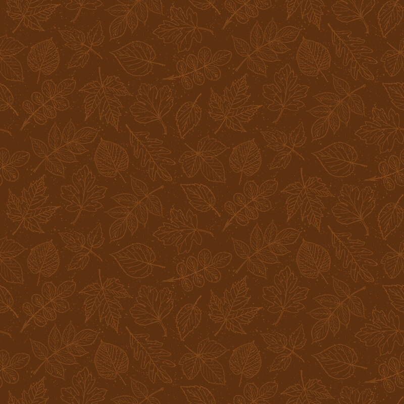 tonal outlines of assorted autumn leaves scattered across a mahogany background.