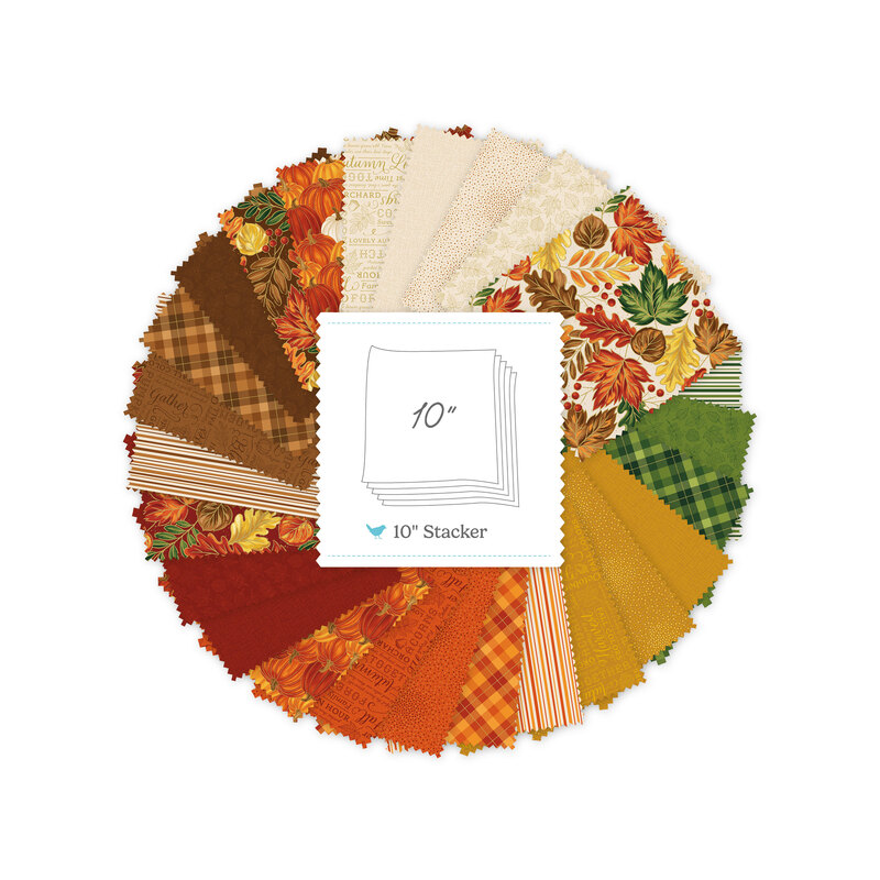 Circular collage of autumn-themed fabrics from the Autumn Leaves collection with a 10" Stacker label