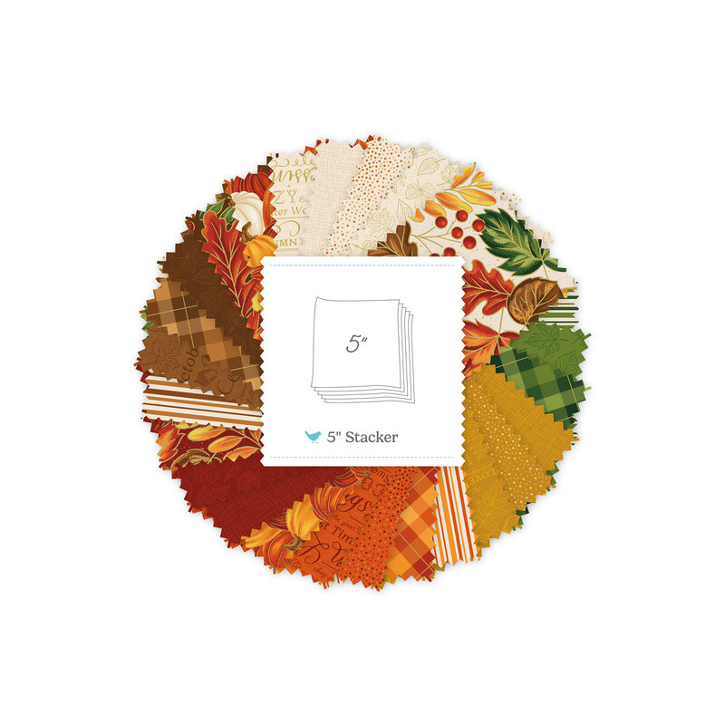 Circular collage of autumn-themed fabrics from the Autumn Leaves collection with a 5" Stacker label