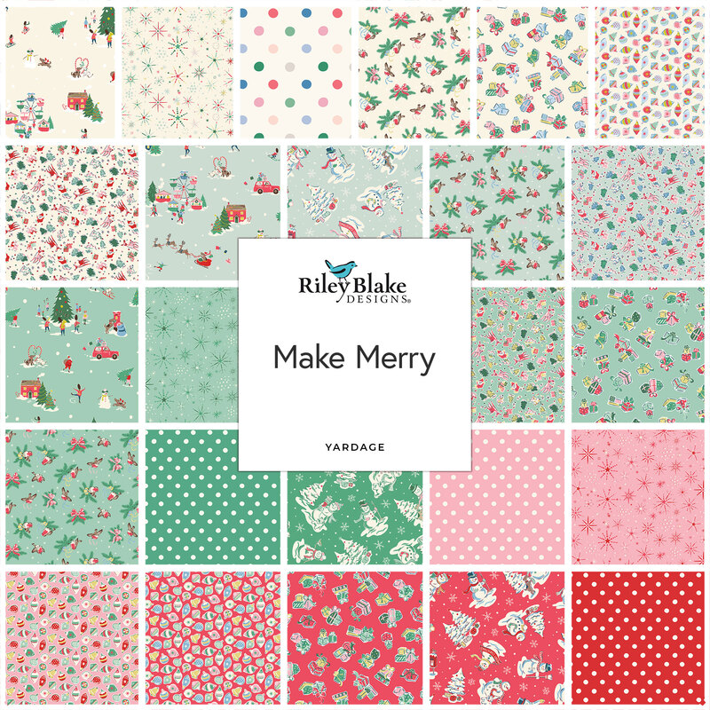 Digital collage of the available yardage fabrics from the Make Merry fabric collection.