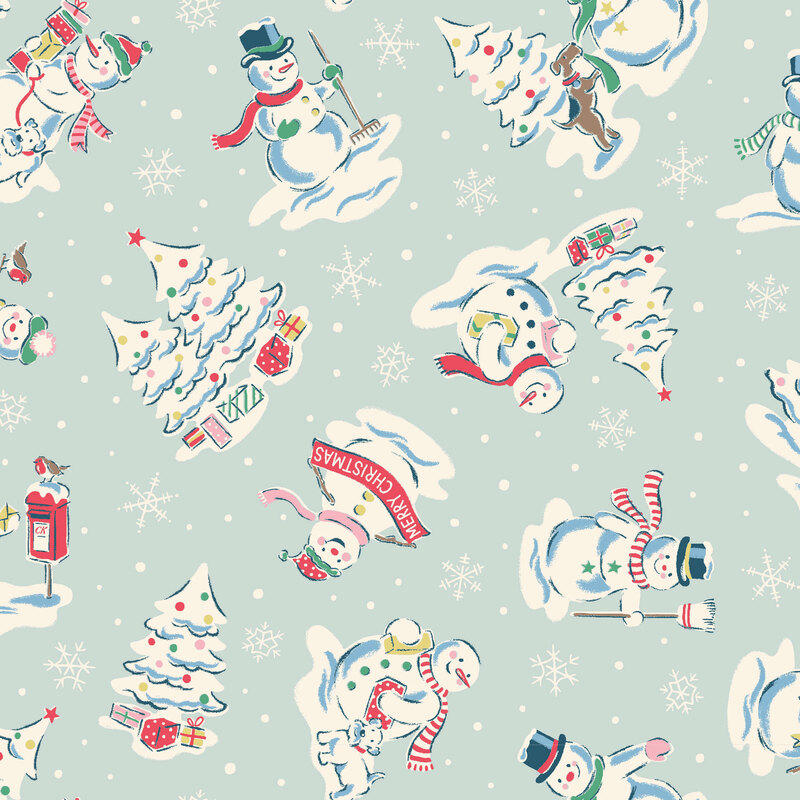 Misty aqua fabric with scenes of snowmen in wintry scenarios, along with Christmas trees, dogs, presents, dots, and snowflakes.