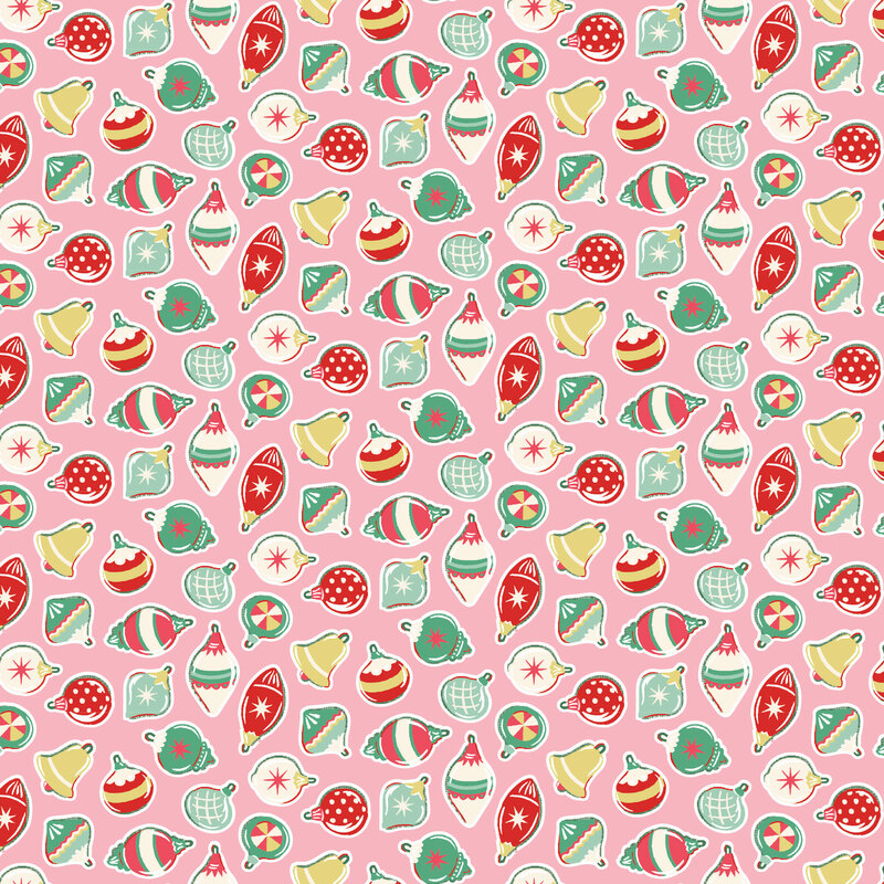 Soft pink fabric with a design of novel tossed ornaments and bells.