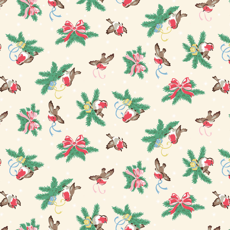 Cream fabric with a tossed pattern of robins, ribbons, sprigs of pine with bows and presents, and small white stars.
