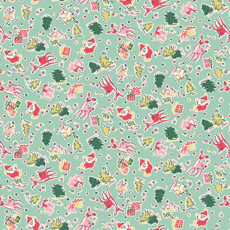 Seafoam fabric with a design of tossed deer, dogs, gifts, Santas, and pine trees.