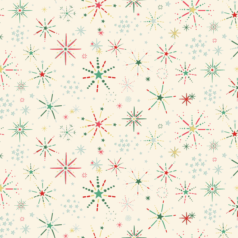 Cream fabric with a design of starburst snowflakes and groups of light blue stars.
