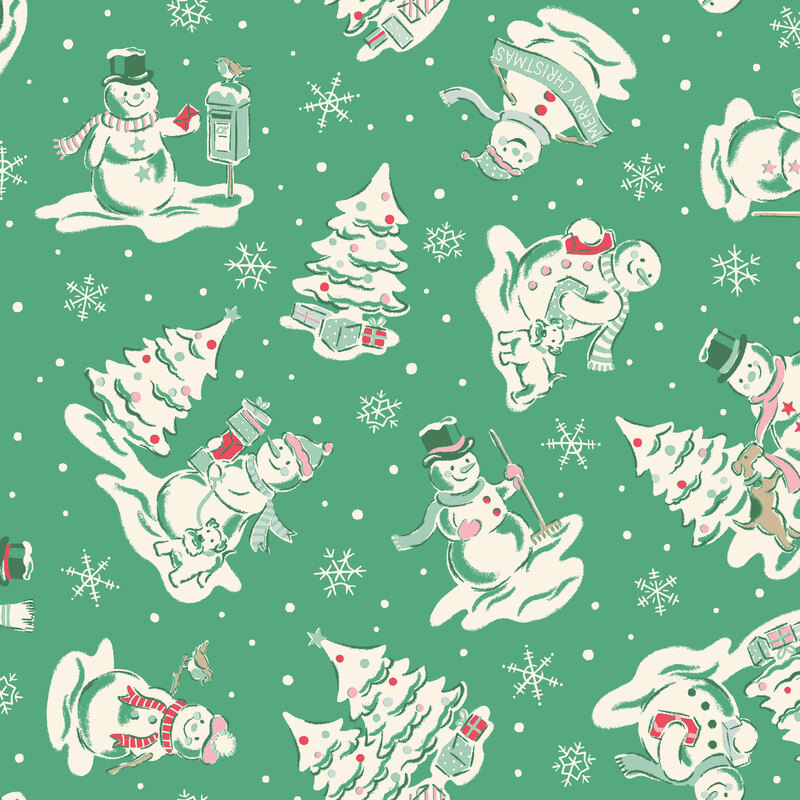 Christmas green fabric with scenes of snowmen in wintry scenarios, along with Christmas trees, dogs, presents, dots, and snowflakes.