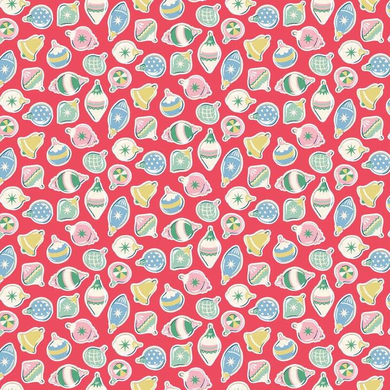 Christmas red fabric with a design of novel tossed ornaments and bells.