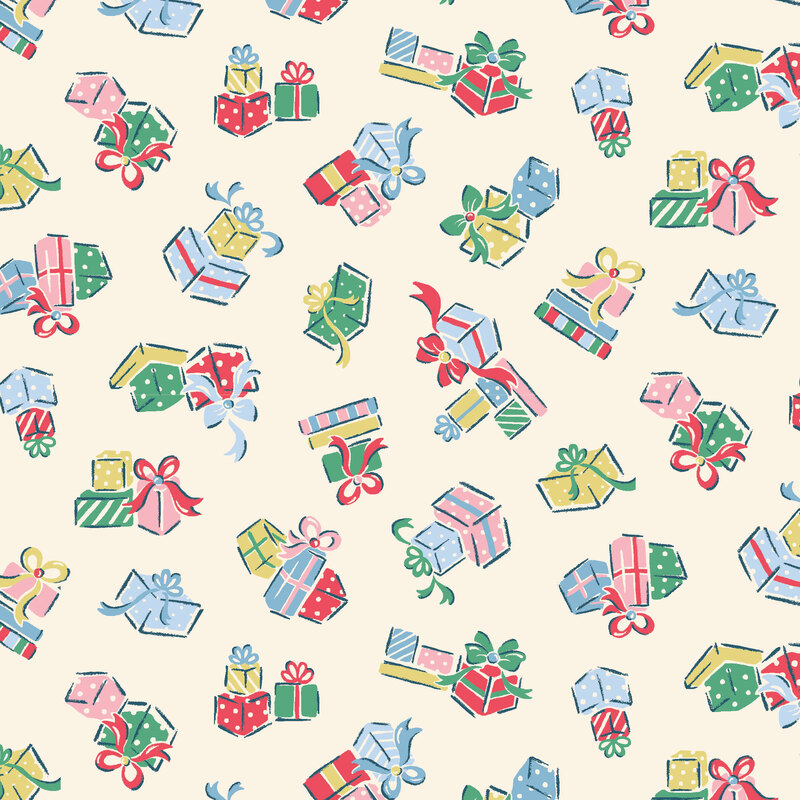 Cream fabric with a design of tossed Christmas presents tied with bows.