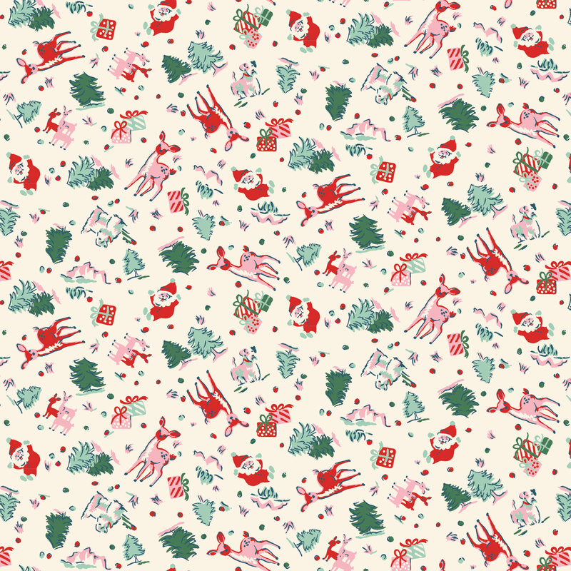 Cream fabric with a design of tossed deer, dogs, gifts, Santas, and pine trees.