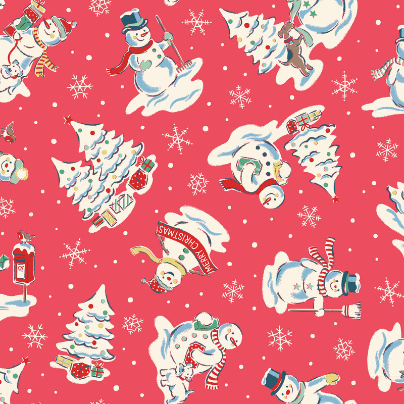 Christmas red fabric with scenes of snowmen in wintry scenarios, along with Christmas trees, dogs, presents, dots, and snowflakes.