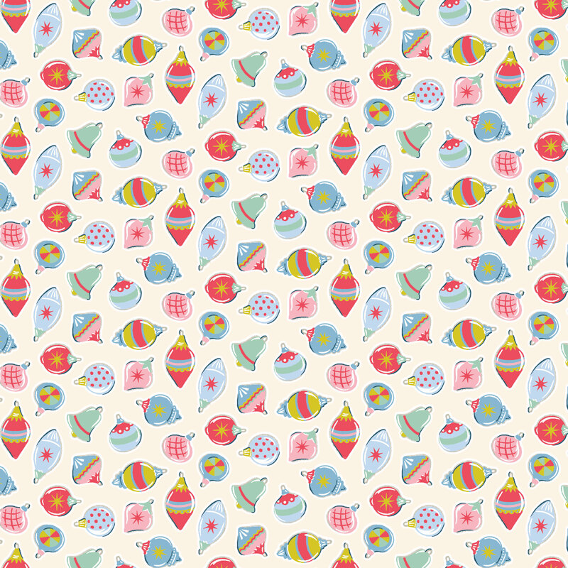 Cream fabric with a design of novel tossed ornaments and bells.