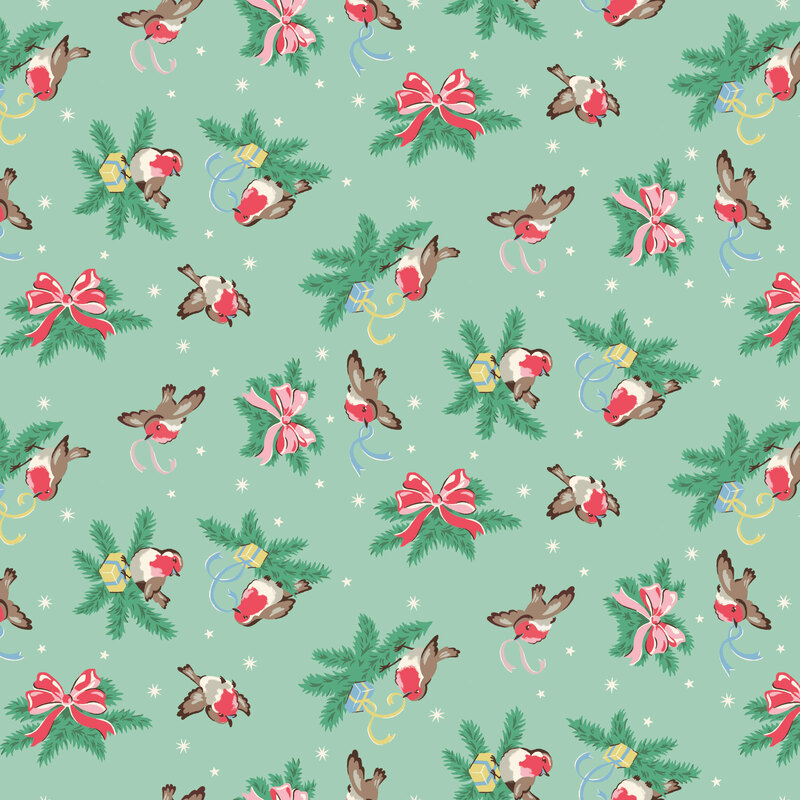 Seafoam fabric with a tossed pattern of robins, ribbons, sprigs of pine with bows and presents, and small white stars.