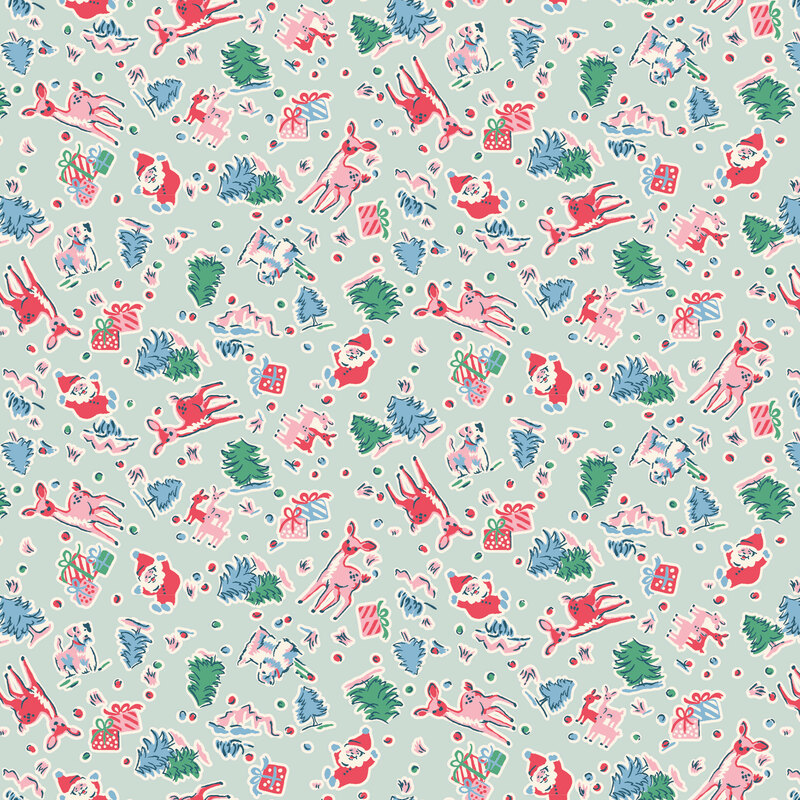 Misty aqua fabric with a design of tossed deer, dogs, gifts, Santas, and pine trees.