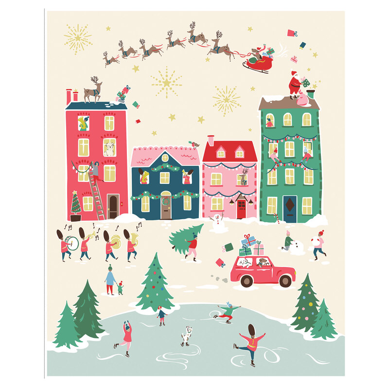 Cream panel fabric with a Christmas village scene with Santa delivering gifts, snowmen, ice skaters, Christmas trees, and more.