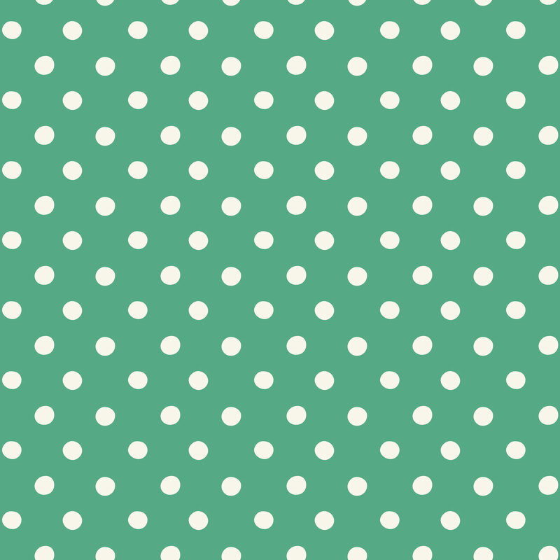 Christmas green fabric with a balanced white polka-dot pattern.