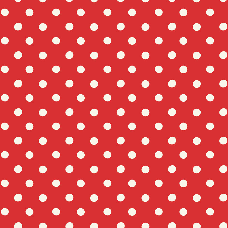 Christmas red fabric with a balanced white polka-dot pattern.