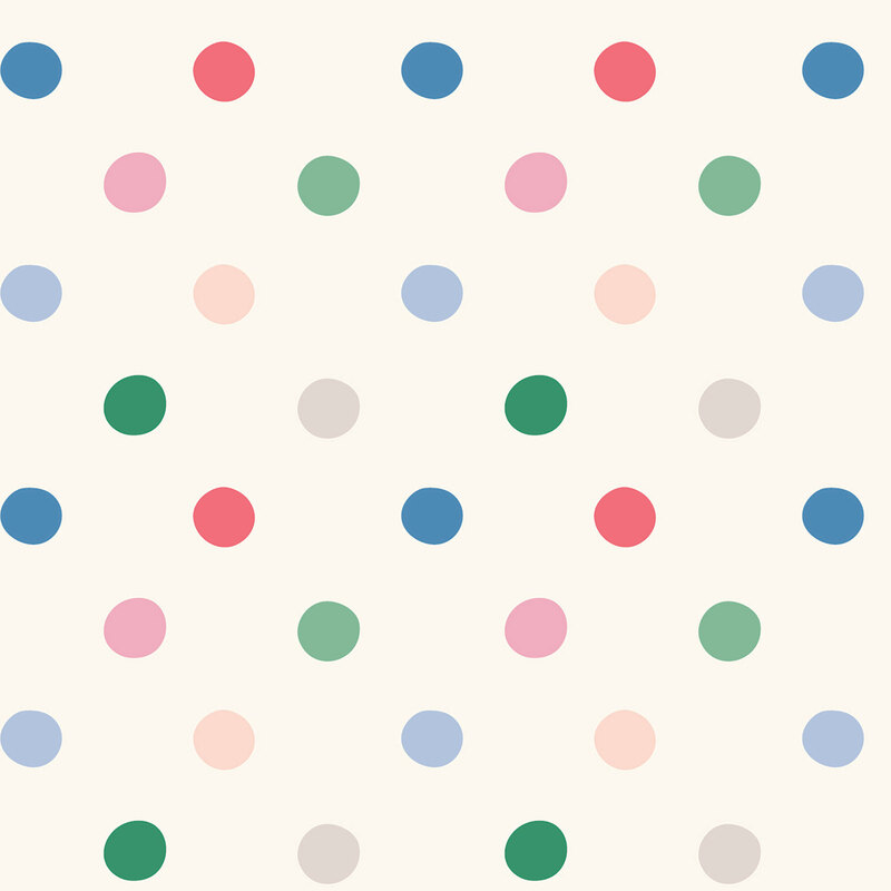 Multicolored pattern of polka dots on a cream fabric.