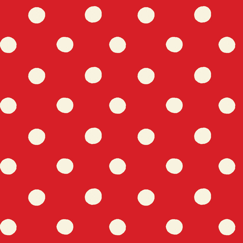 Pattern of white polka dots on a vibrant Christmas red fabric.