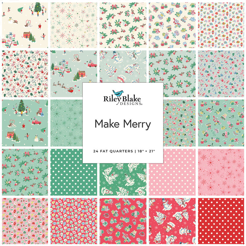 Digital collage of the Fat Quarter Bundle from the Make Merry fabric collection.