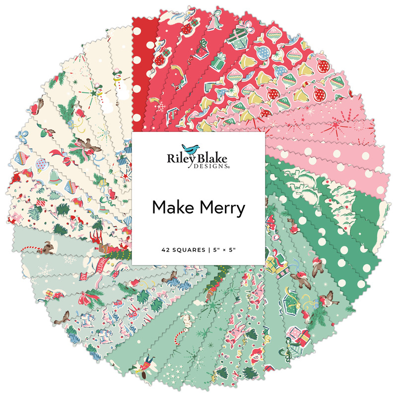 Digital collage of the 5" Stacker Bundle from the Make Merry fabric collection.