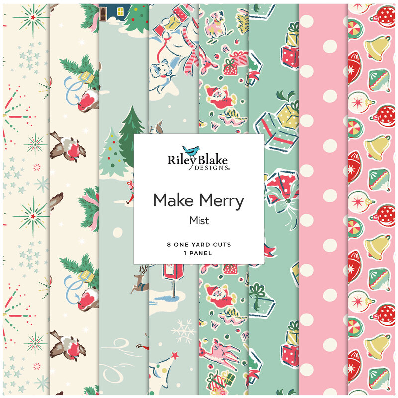 Digital collage of the Mist One Yard Bundle from the Make Merry fabric collection.