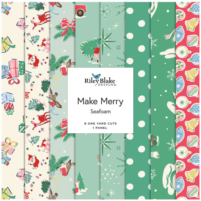 Digital collage of the Seafoam One Yard Bundle from the Make Merry fabric collection.