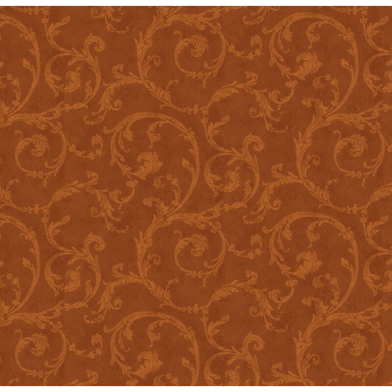 Mottled burnt sienna fabric with intricate, tonal rusty orange leafy scrolls.