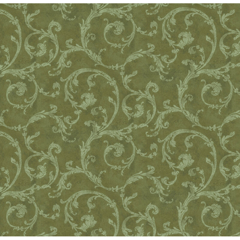 Mottled dark sage fabric with intricate, tonal sage leafy scrolls.