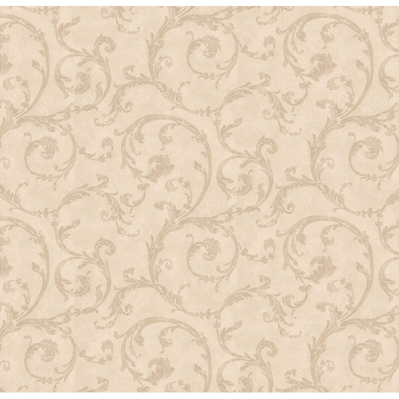 Mottled light tan fabric with intricate, tonal tan leafy scrolls.